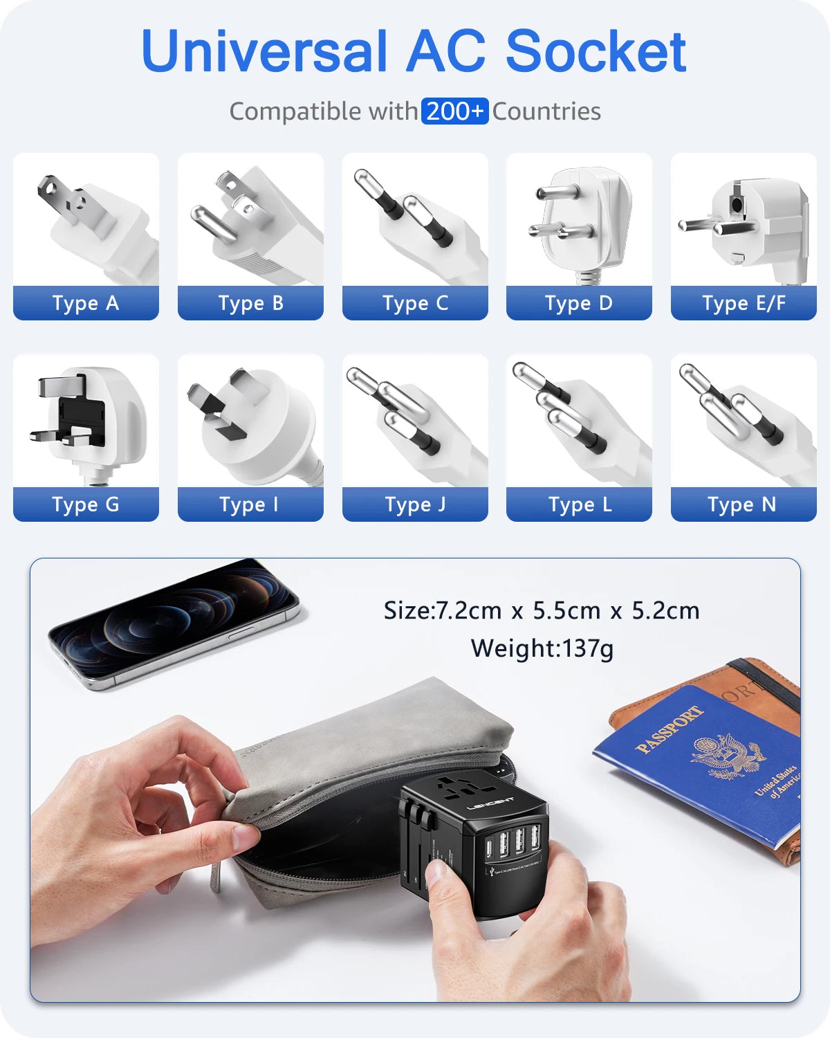 Universal Reiseadapter mit USB & Typ-C – 4-in-1 Weltweit Ladegerät